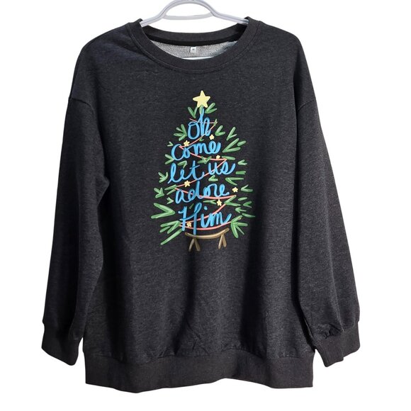 NWOT Gray "Oh Come Let Us Adore Him" Christmas Tree Graphic Sweatshirt - Medium - Picture 1 of 6
